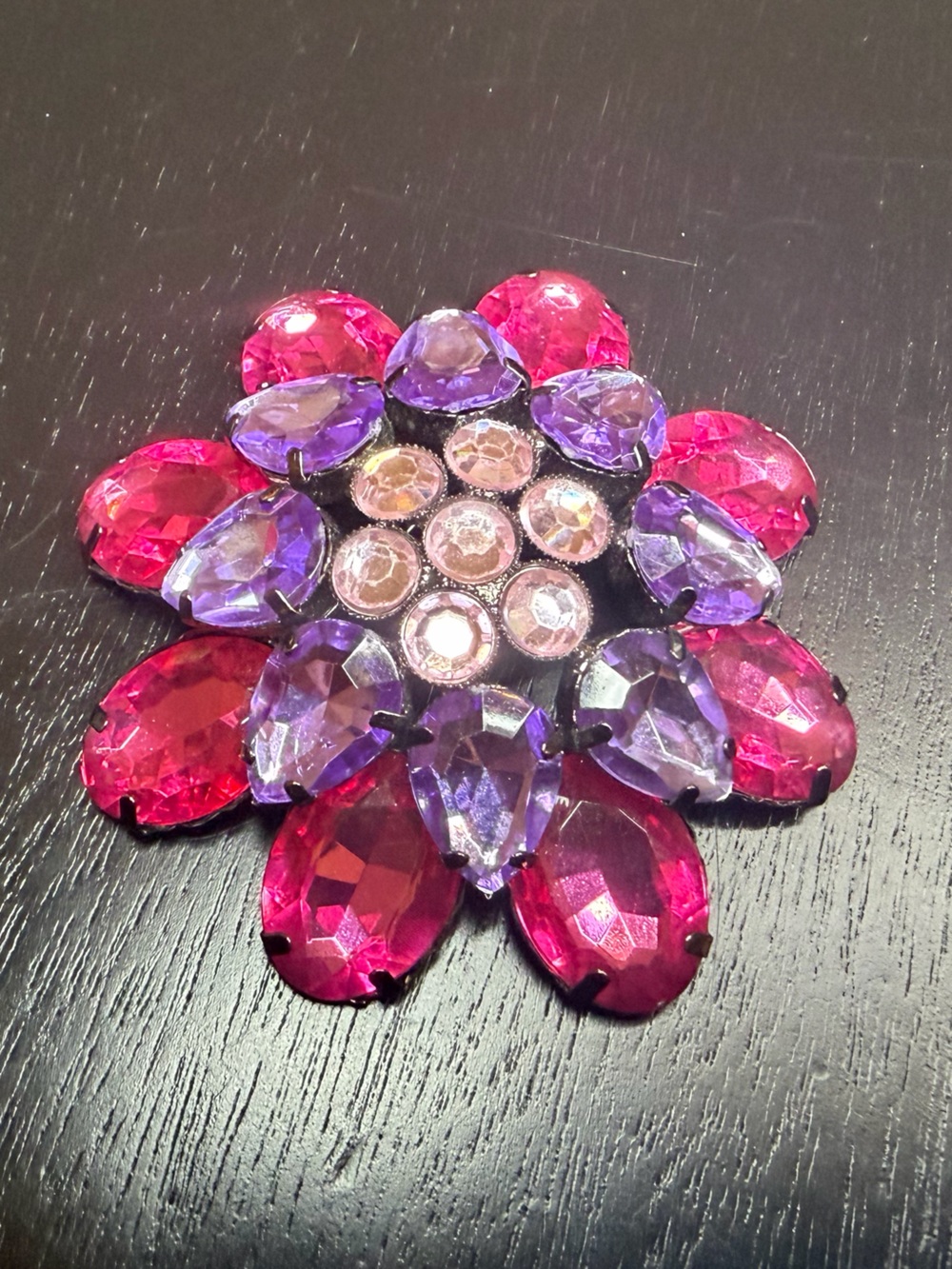 VTG Purple Pink Flower Crystal Rhinestone Brooch Pin